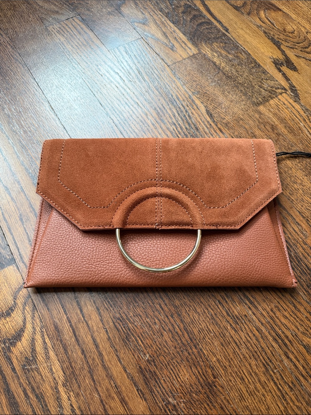 Moda Luxe Rust Suede & Pebbled Leather Clutch with Gold Ring